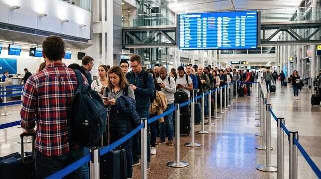 Passengers wait in a long line at an airport checkpoint with luggage and backpacks; overhead blue monitor reads &ldquo;Departures&rdquo; with a flight list. Airport waiting passengers line.