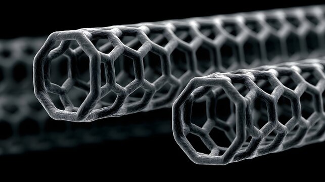Close up of hexagonal lattice tubes with textured surface  precise geometric structure  and monochromatic lighting against dark background