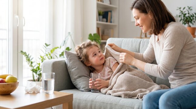 Mother giving medicine by spoon to sick child lying on sofa under blanket, holding glass of water; tissue box and fruit bowl on table, plants and window light nearby