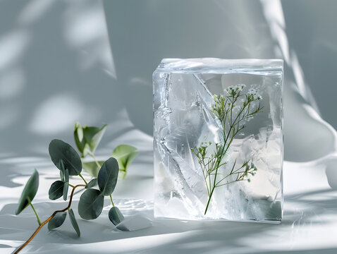 Elegant crystal ice cube with frozen green leaves on a clean white background, botanical skincare and organic beauty mockup, 3d render