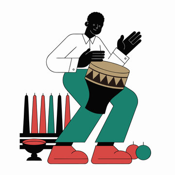 Man playing traditional drum during Kwanzaa celebration, cultural heritage and community concept in flat vector style