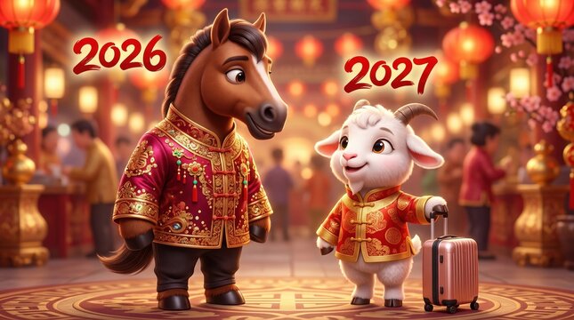 Festive cartoon horse in ornate red outfit beside cute goat in red jacket with suitcase; hanging lanterns and blossoms. 2026 year meets 2027 tear of goat in New Year night. New Year banner, poster.