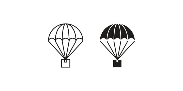 Delivery box with parachute icon set in outline and solid styles for logistics and air freight.