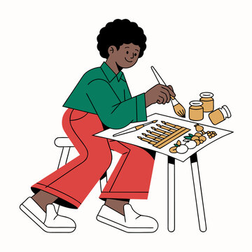 Child painting Kwanzaa kinara and harvest symbols, creative cultural holiday activity concept in flat vector style