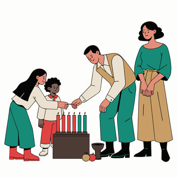 Children lighting kinara candles with parents during Kwanzaa celebration, family tradition and cultural heritage concept in flat vector style