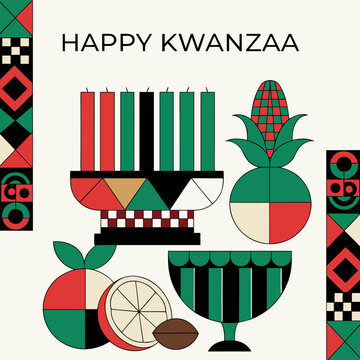 Happy Kwanzaa poster with kinara, corn, fruits and cultural symbols, festive heritage celebration concept in flat vector style
