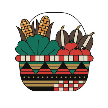 Decorated harvest basket with African inspired patterns, Kwanzaa abundance and cultural celebration concept in flat vector style