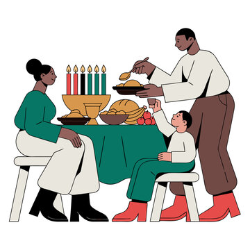 Family celebrating Kwanzaa at dinner table, festive cultural tradition and togetherness concept in flat vector style