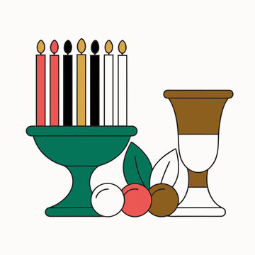Kinara and unity cup with harvest fruits, Kwanzaa cultural tradition and celebration concept in flat vector style