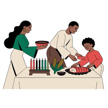 Family preparing traditional food for Kwanzaa celebration, cultural holiday meal and togetherness concept in flat vector style