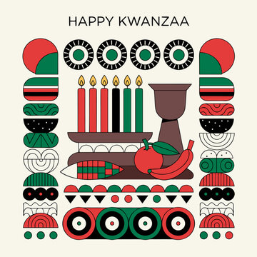 Happy Kwanzaa poster with kinara, unity cup and harvest symbols, festive cultural celebration concept in flat vector style