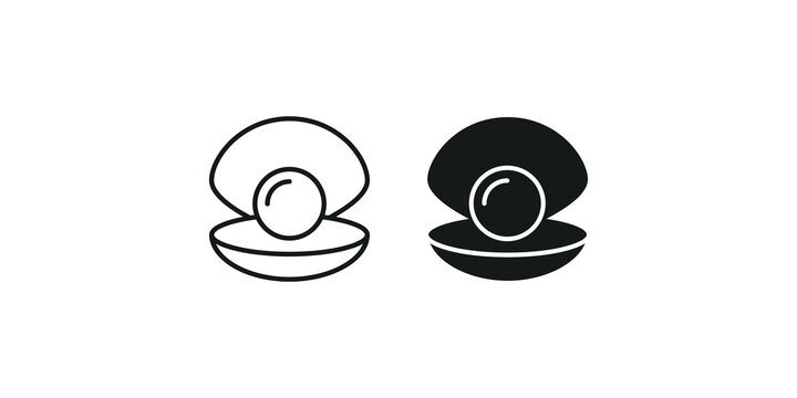 Pearl in open oyster shell icons presented in outline and solid black styles.