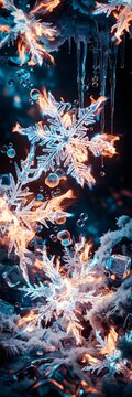 Fondo abstracto vertical de cristales de hielo detallados, copos de nieve y car&aacute;mbanos con destellos de luz brillante en un ambiente invernal oscuro