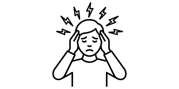 Person suffering from headache icon with throbbing pain signs for medical health awareness.