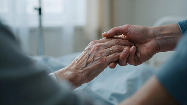 Primer plano de un cuidador sosteniendo con ternura la mano de una persona mayor en una habitaci&oacute;n de hospital o residencia