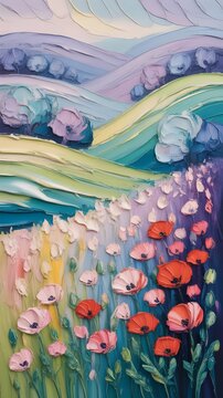 Pintura al &oacute;leo texturizada de un campo de flores silvestres y amapolas rojas bajo colinas onduladas en un paisaje de ensue&ntilde;o
