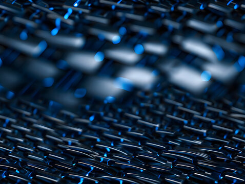 Abstract dark blue cyber technology background with glowing light spots and metallic mesh grid, quantum computing, 3d render