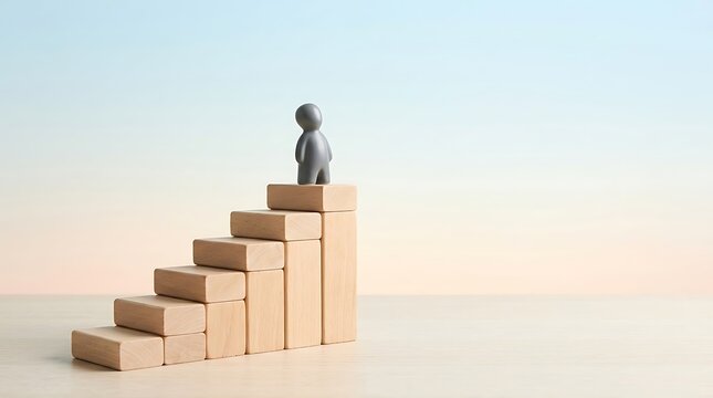 Grey human figure standing on top of wooden block stairs representing career success and achievement