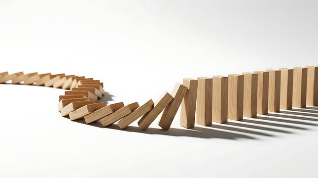 Wooden domino blocks falling in a row showing chain reaction on white background