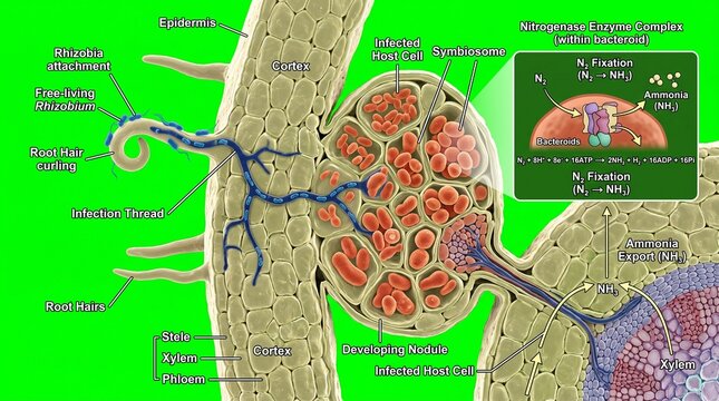Scientific diagram of rhizobium bacteria nitrogen fixation in legume roots