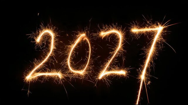 People use sparklers to write the number 2027 in the dark, creating bright trails of light to celebrate the New Year.