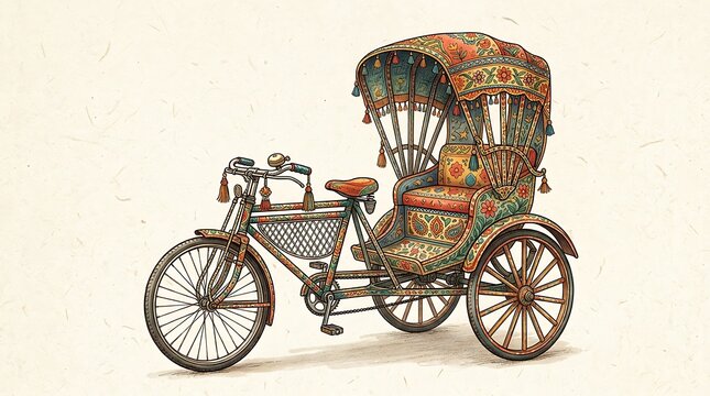 Traditional Bengali rickshaw with floral patterns isolated on white background