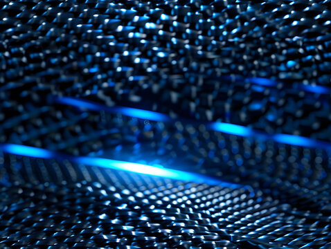 Dense matrix network of glowing neon blue data dots and digital lines on dark background, big data analytics, 3d render