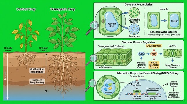 Scientific diagram showing transgenic crop drought tolerance mechanisms
