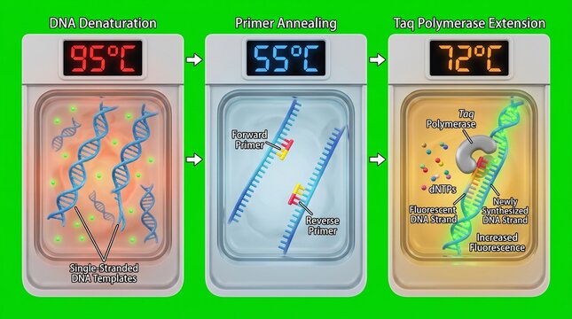 Thermal cycler diagram showing PCR process steps with DNA amplification