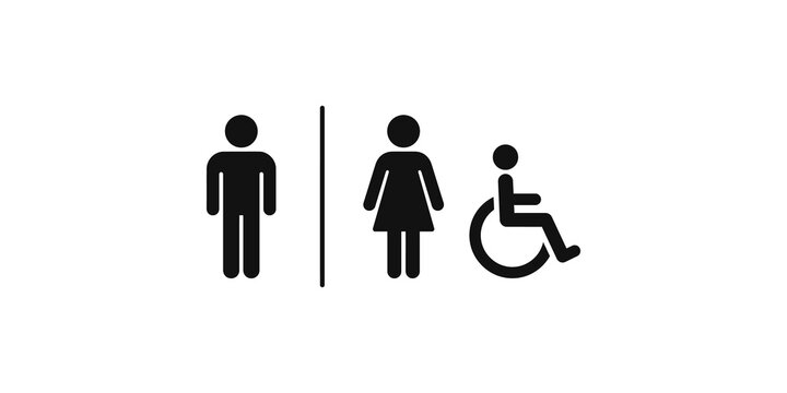 Public restroom signage with male female and handicap accessibility symbols.