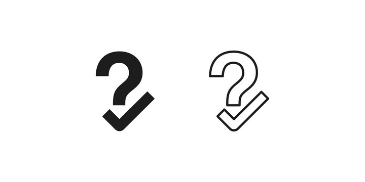Question mark with check mark icon set featuring solid and outlined styles for user help and support interface elements.