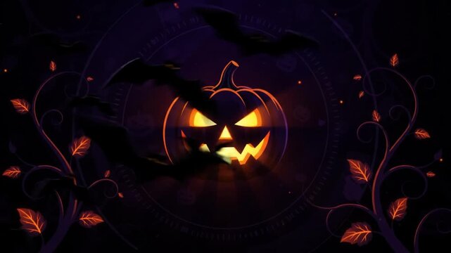 Glowing jack o lanterns with flying bats and swirling leaves on a dark purple background with animated glowing pumpkins sinister faces surrounded celebration