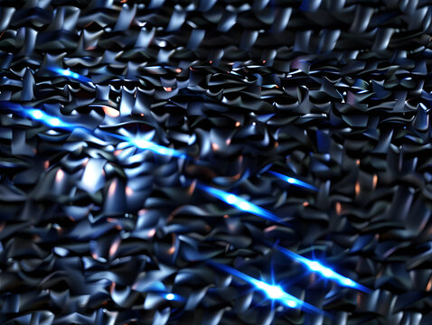 Abstract futuristic cyber structure with glossy dark metallic plates and bright neon blue circuit lines, 3d render