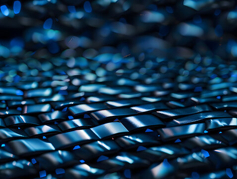 Macro texture of high tech dark metallic grid with tiny glowing blue data spots, server circuit mesh, 3d render