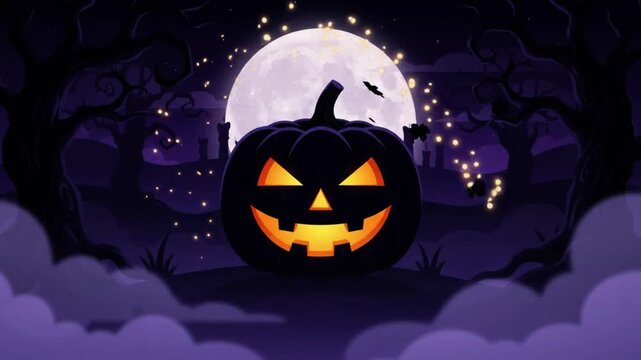 Animated glowing jack o lantern pumpkin with vines against a full moon night background with video glowing carved vines sparkles dark night forest under fall