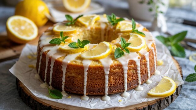 American cuisine. Lemon Chiffon Cake. An airy citrus cake in the shape of a ring, covered with streaks of white icing and decorated with thin lemon slices and fresh mint leaves.