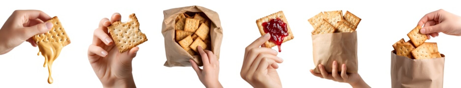 Set of hand holding square crackers biscuit, crispy flat baked thin snack staple food, cheese jam drip, takeout brown paper bag, pile stack bitten broken, transparent cutout PNG. Many style Mockup