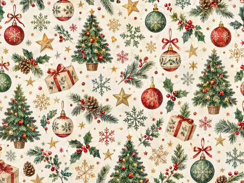 Christmas themed wrapping paper with trees, ornaments, gifts, and stars for holiday decorations and gifts during festive season