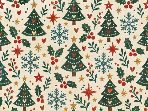 Colorful pattern with Christmas trees, snowflakes, stars, and berries on a light background celebrating the holiday season