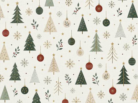 Patterns of Christmas trees, ornaments, and snowflakes on a white background for holiday decorations and crafts
