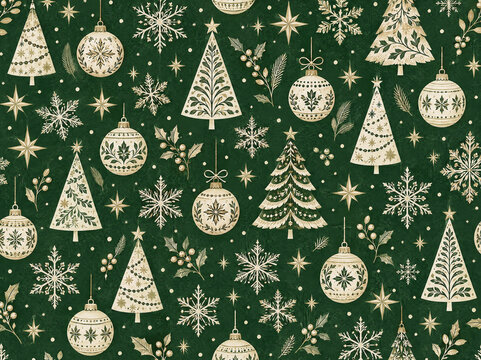 Decorative green wrapping paper with Christmas trees and ornaments for the holiday season
