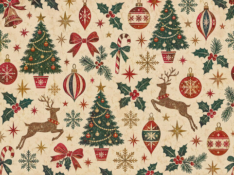 Colorful holiday patterns featuring trees, reindeer, ornaments, and candy canes creating a festive scene