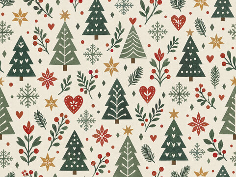 Colorful pattern with Christmas trees and decorations on a light background