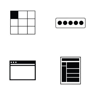 Grid passcode window and list icons presented as flat black silhouettes on a white background table