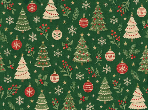 Colorful Christmas pattern with trees, ornaments, and snowflakes on a green background suitable for holiday decorations and wrapping paper