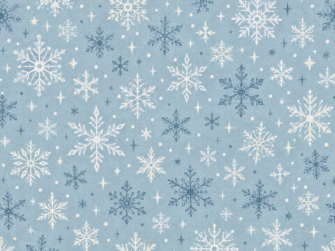 Snowflakes on a light blue background with various patterns, suitable for winter-themed designs and decorations