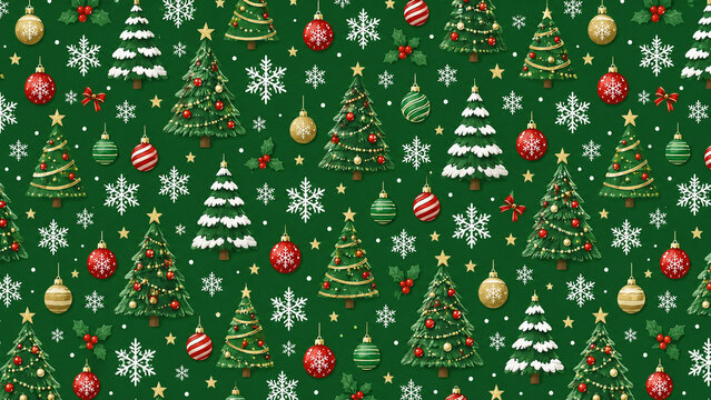Christmas themed pattern with trees, ornaments, and snowflakes on a green background