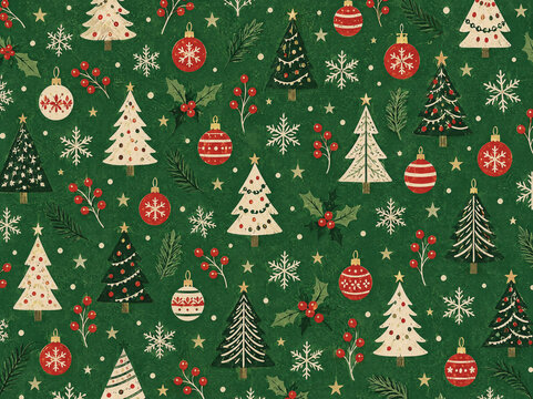 Colorful pattern of Christmas decorations with trees, ornaments, snowflakes, and holly on a green background
