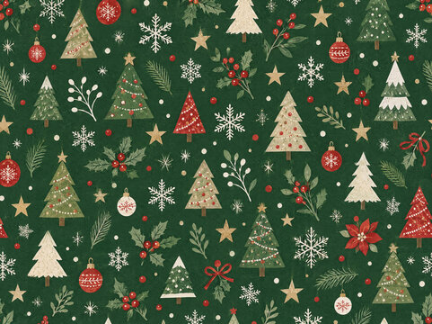 Colorful Christmas pattern with trees, ornaments, and decorations featuring a green background and various holiday elements