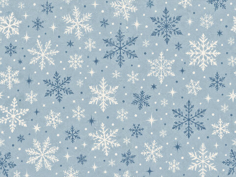 Snowflakes on a blue background create a winter scene filled with various shapes and sizes of snowflakes scattered across the surface